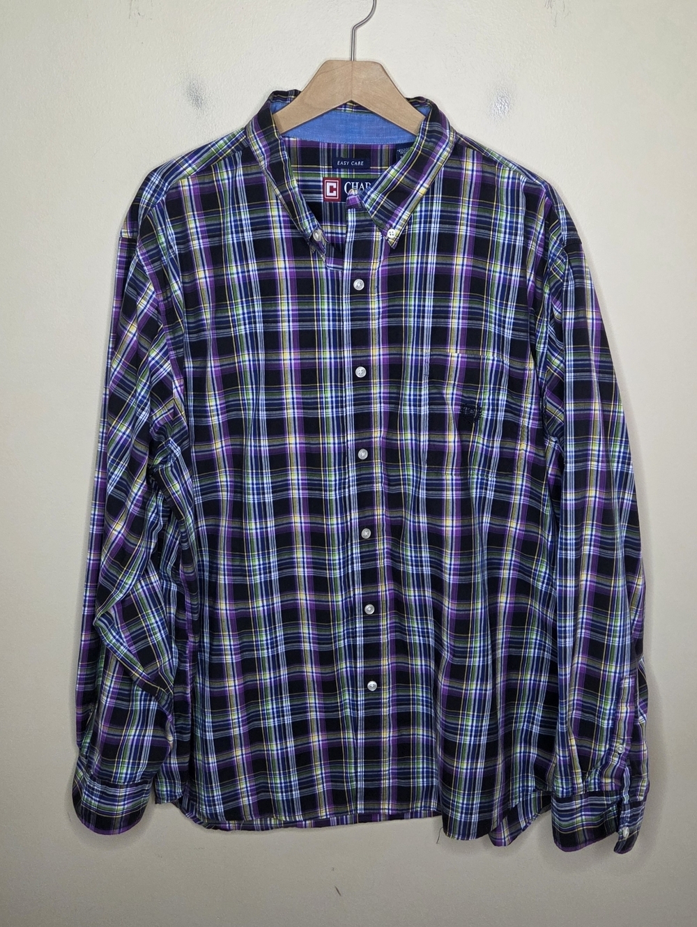 Chaps Purple Black Blue Yellow Green Plaid Easy Care Button Down Shirt Size XXL